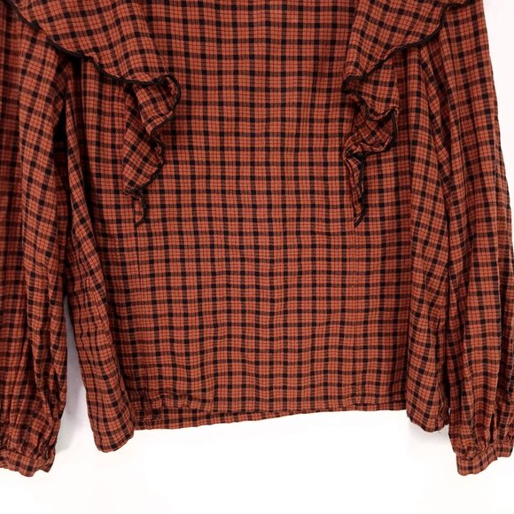 Madewell Ruffle-Front Top in Plaid Size Medium Warren Check Rust Long Sleeve - Picture 13 of 16